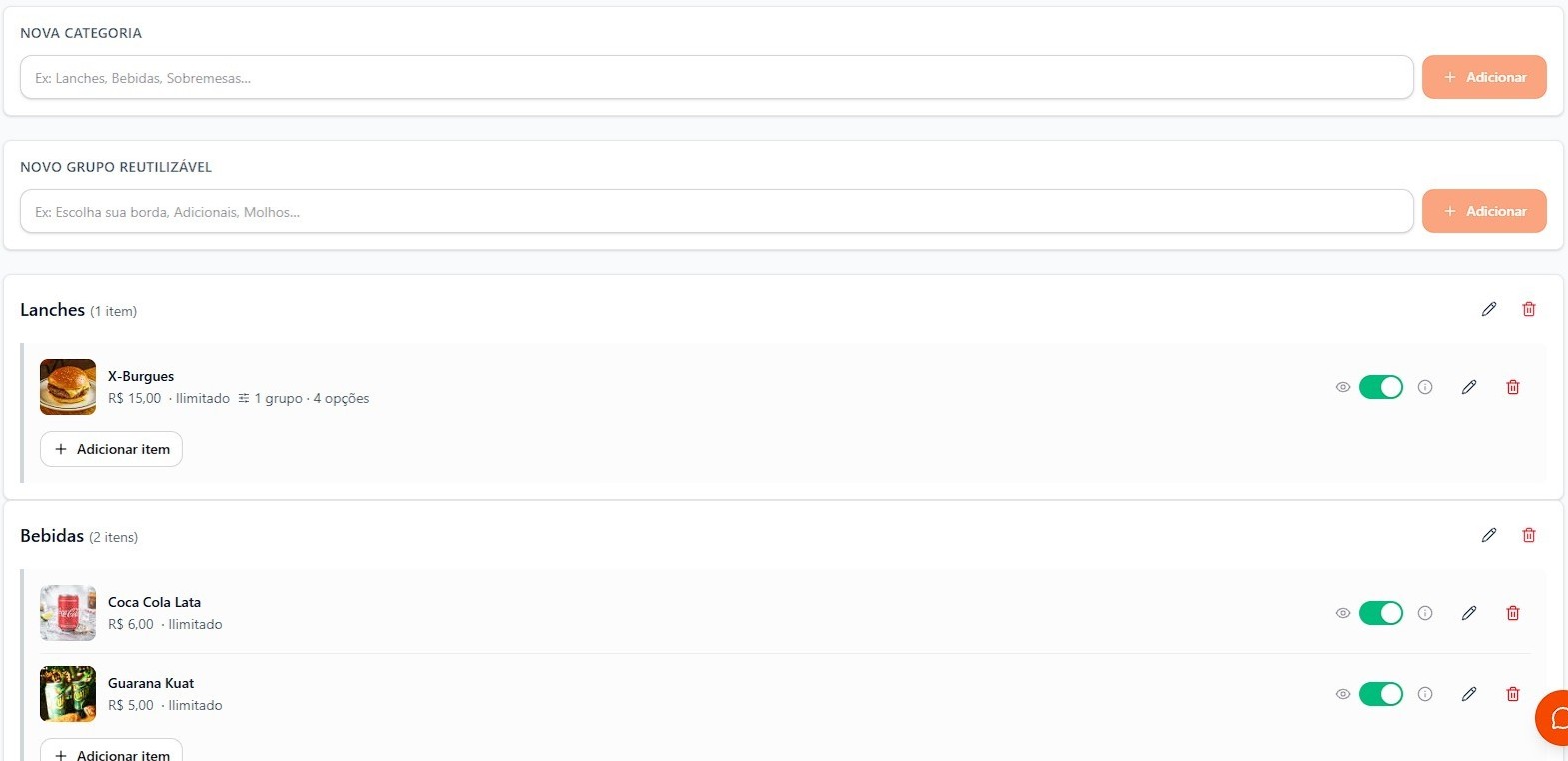 Configuração de cardápio